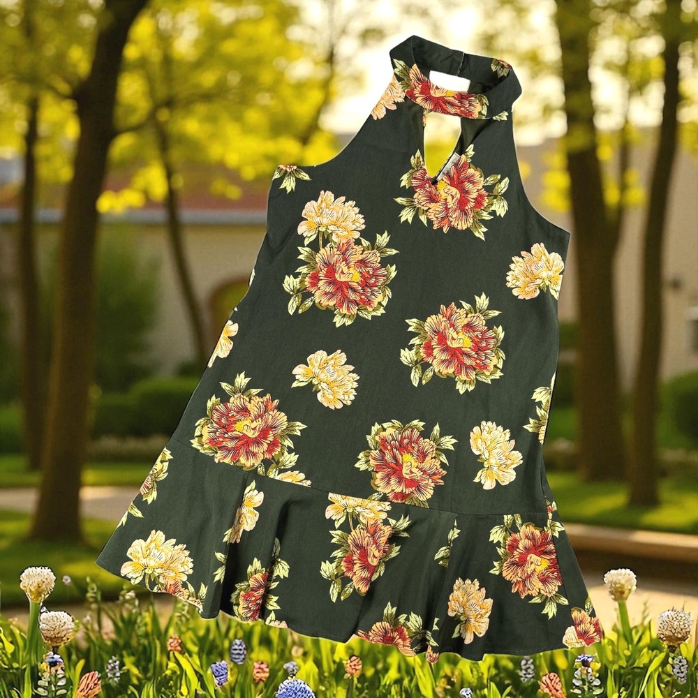 Faveur Halter Dress Women S Boutique Floral Green Red Sleeveless Boho‎ Party
